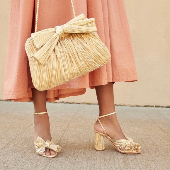 Loeffler Randall Camellia Gold Pleated Bow Heel Sandals size 6.5 - Picture 2 of 13